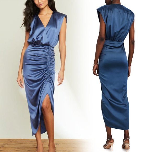 Veronica Beard Casela Silk Ruched Sleeveless V-Neck Midi Dress Steel Blue 0 NEW